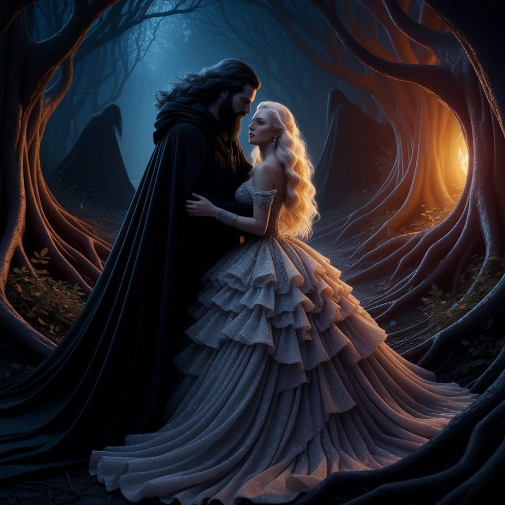 Dark Sorcerer Cradling Blonde Woman in Shadowed Forest