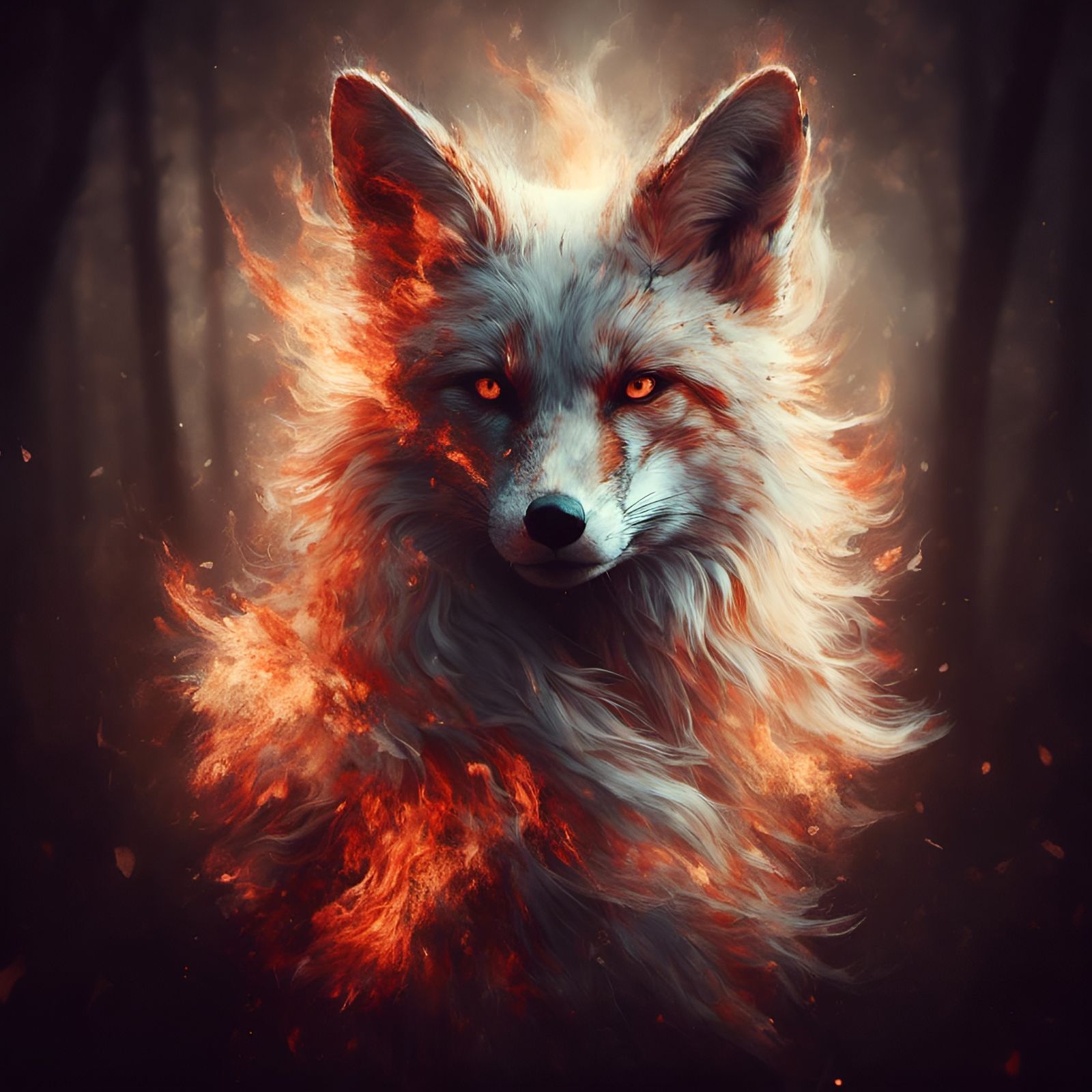 Fiery Kitsune Portrait in Burning Forest