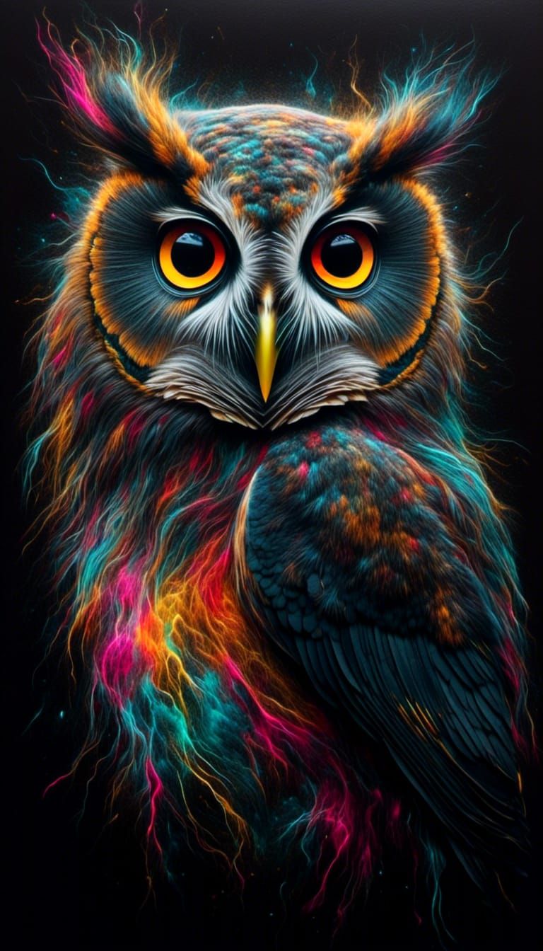 Colorful Owl Portrait with Gilding in Surreal Style