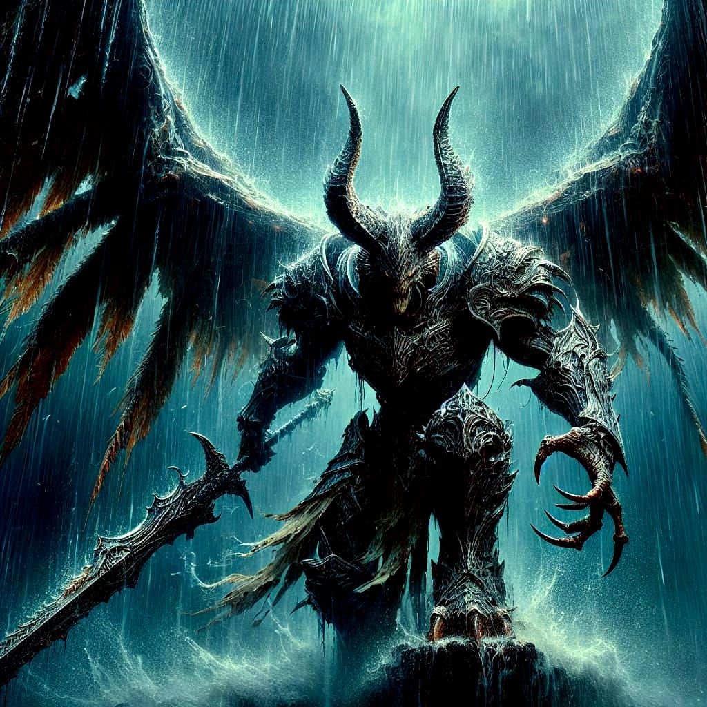 Dark Fantasy Demon Knight in Stormy Landscape