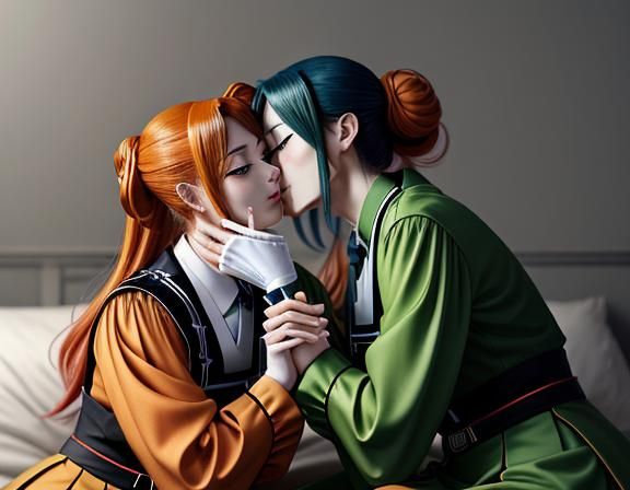 Kemono Twin Sisters Kissing in Manga Style