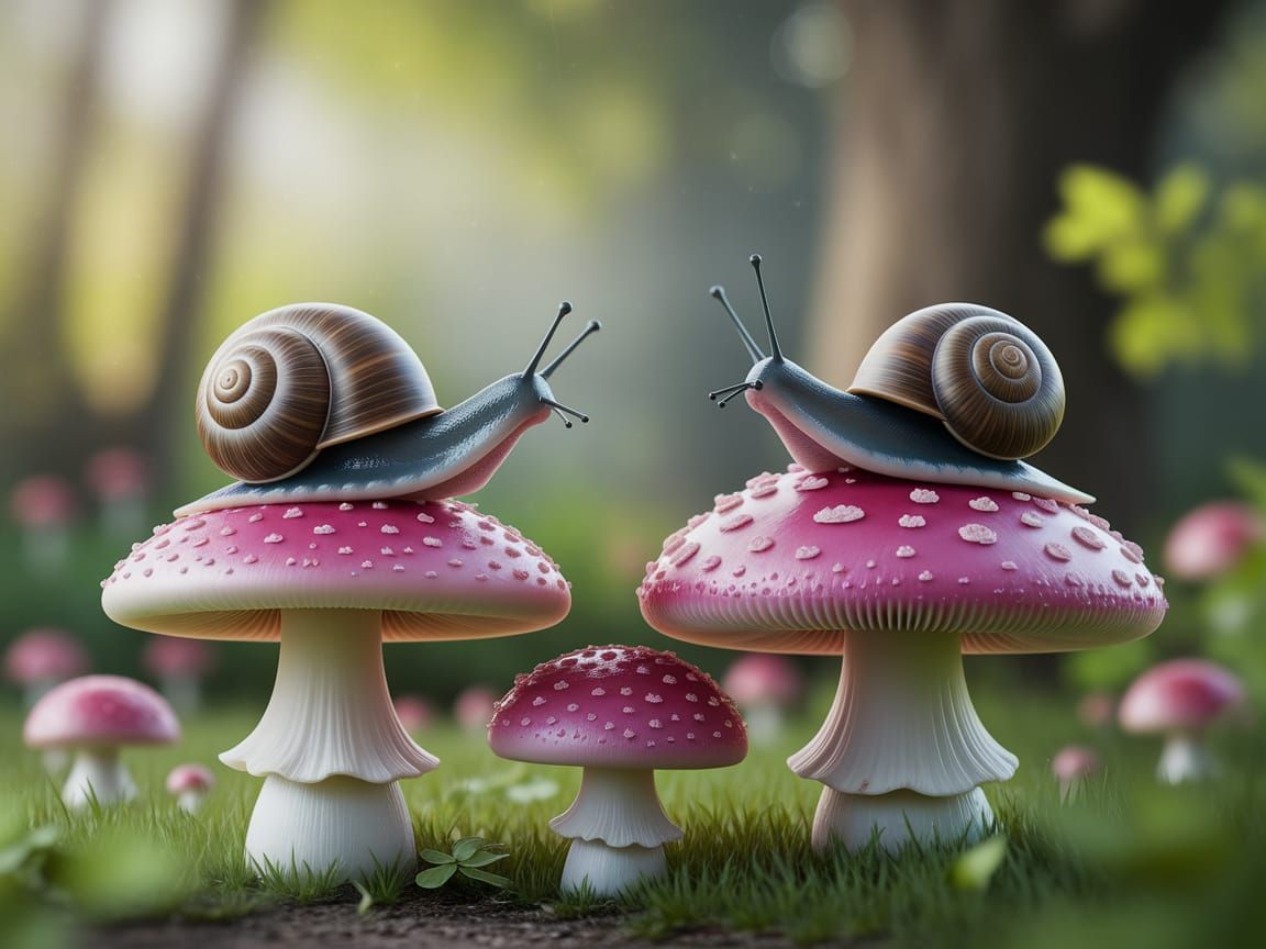 Snails Amidst Vibrant Pink Mushrooms in a Tranquil Forest