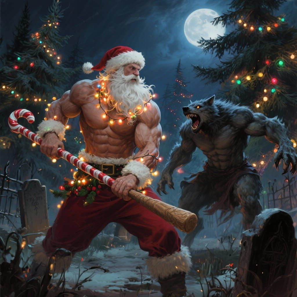 Muscular Santa Hunts Werewolf in Christmas Graveyard