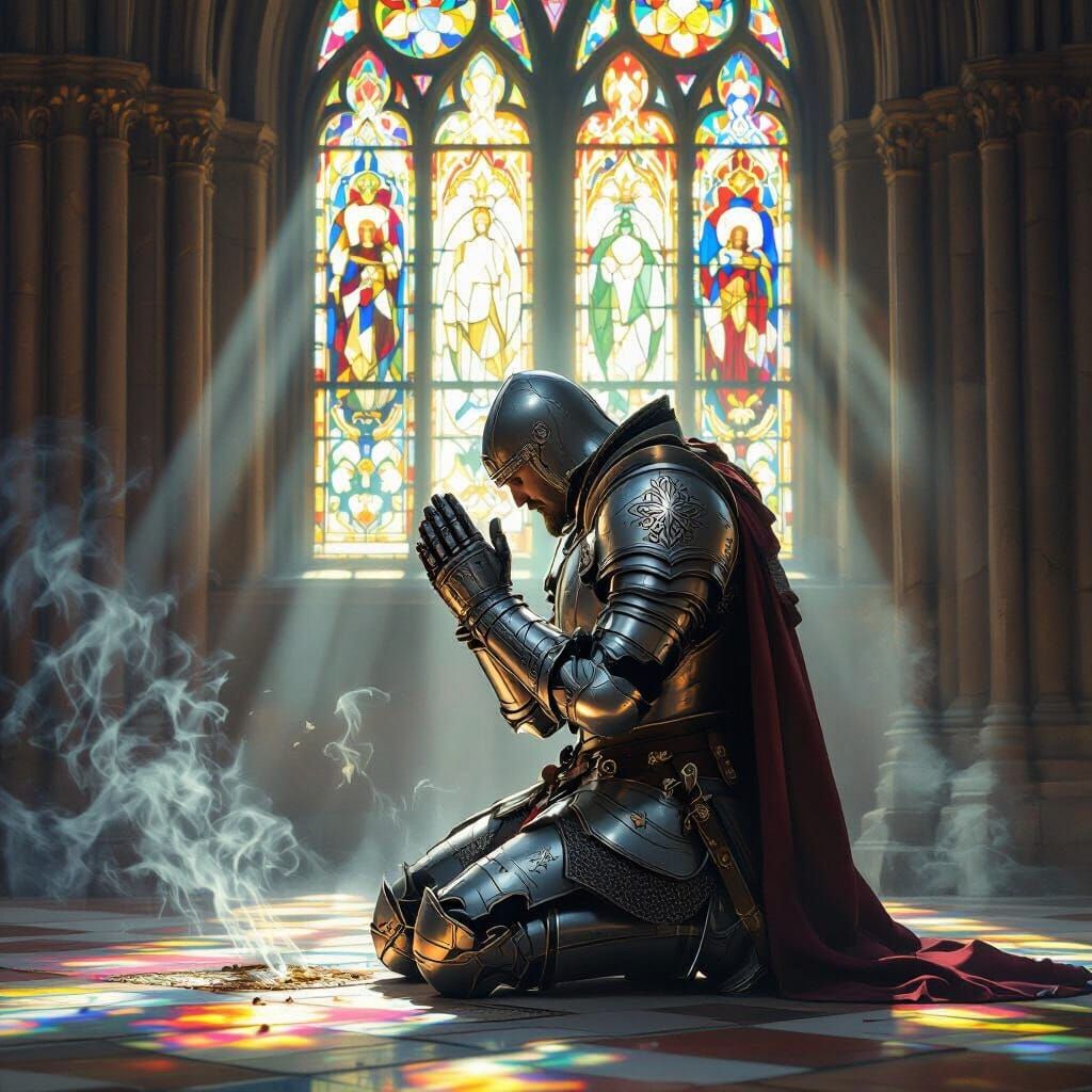 Knight in Prayer Before Stained Glass Window