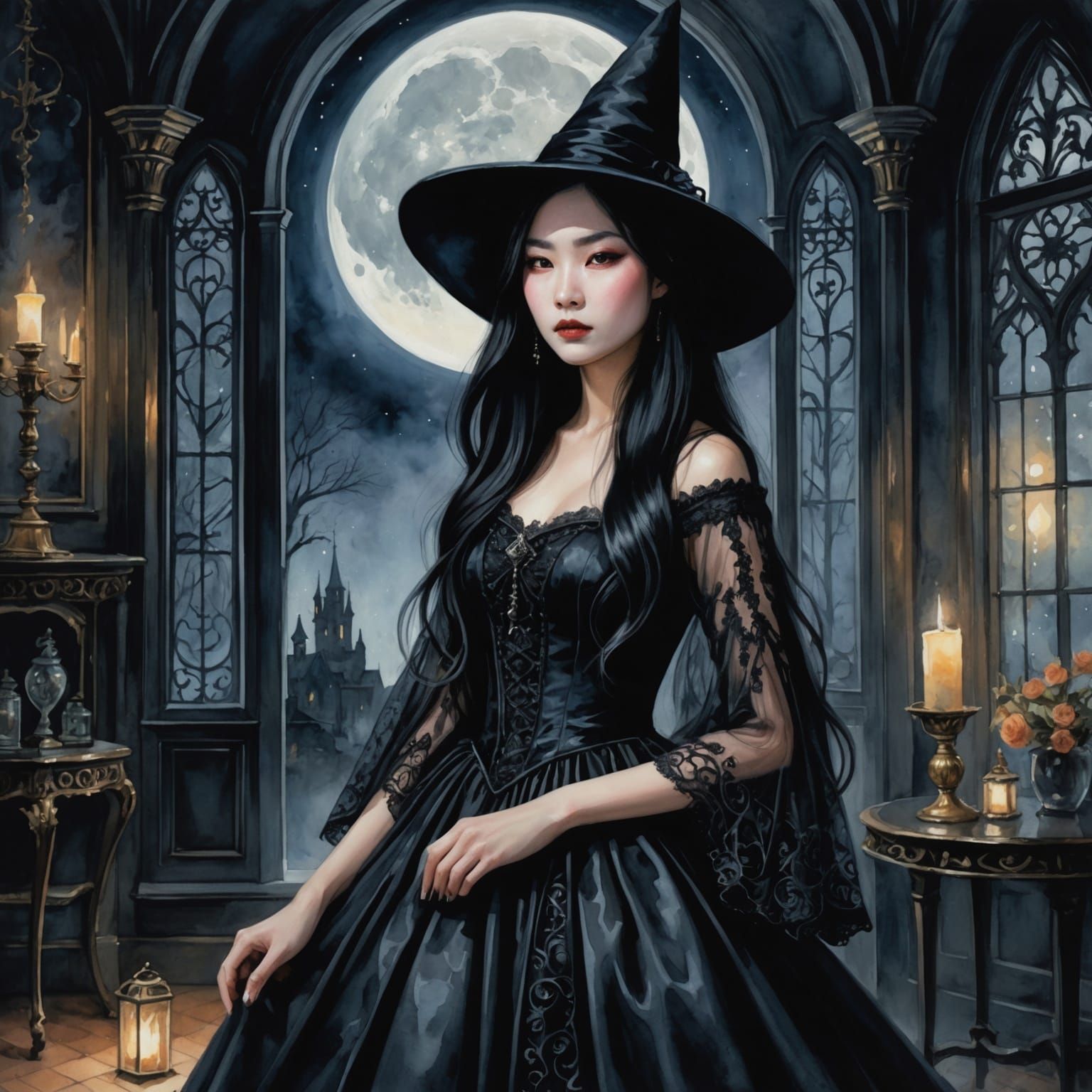 Teenage Asian Witch in Gothic Watercolor Painting