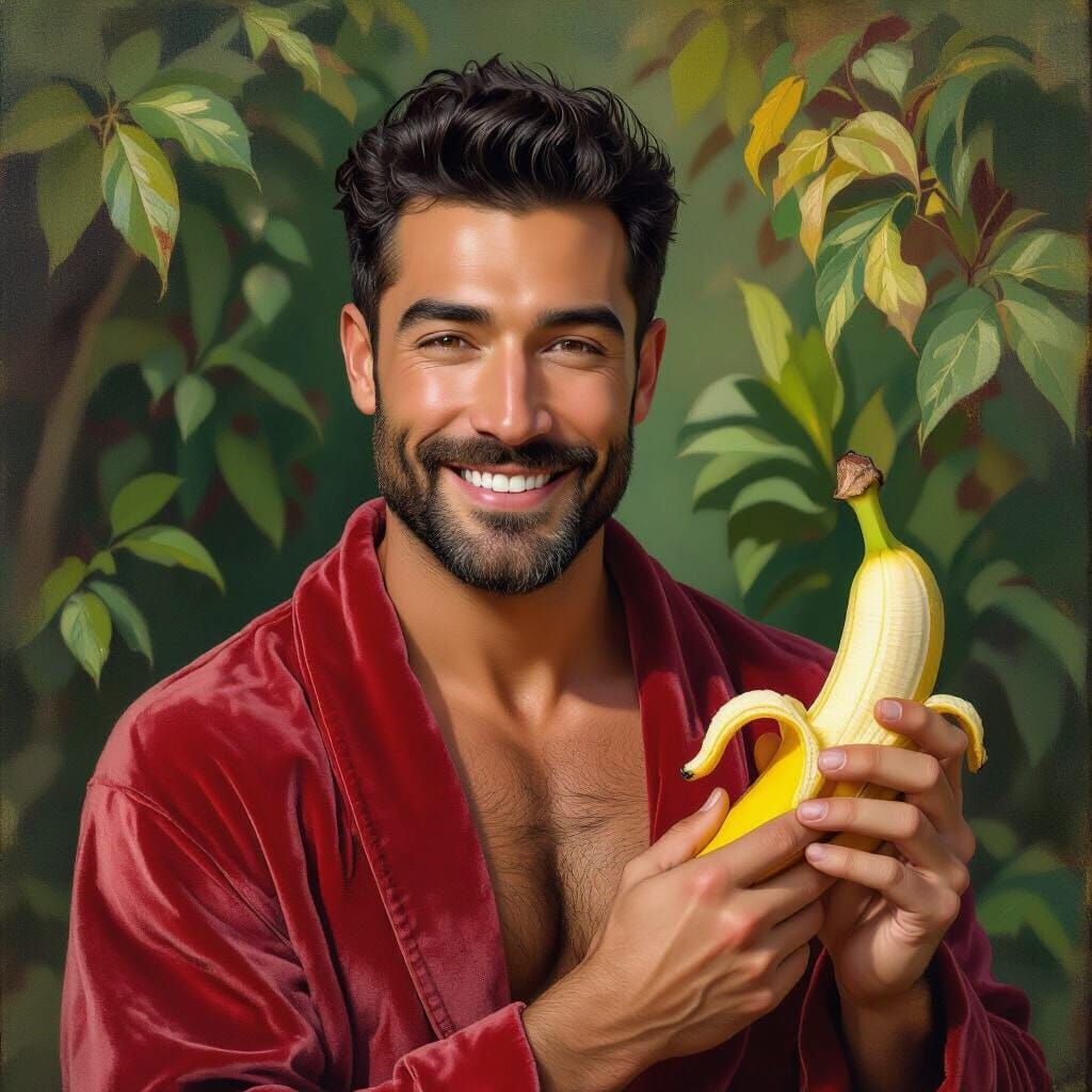 Hirsute Man in Velvet Robe Holding Banana