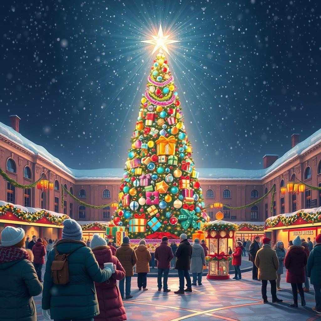 Vibrant Winter Plaza Scene with Towering Christmas Tree
