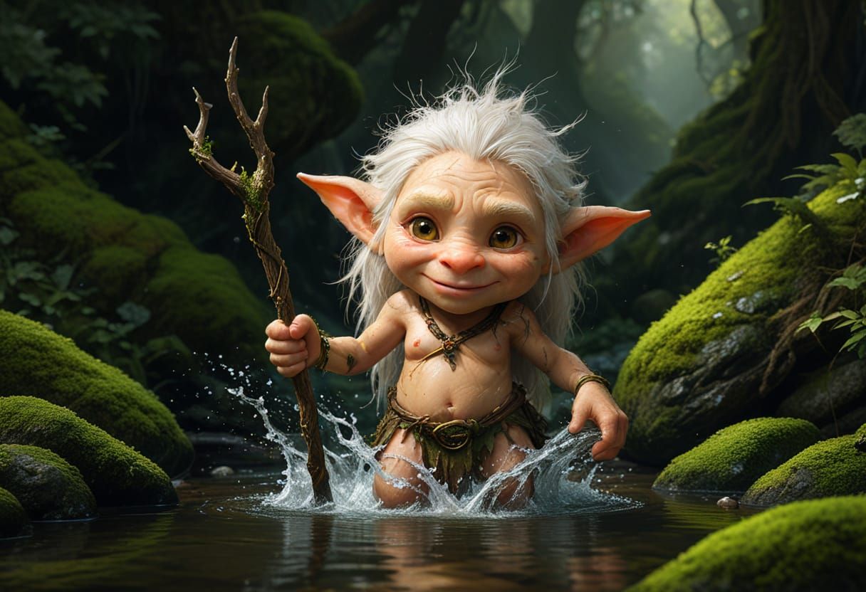 Cute Forest Troll-Fey Splashing in Stream: Matte Painting
