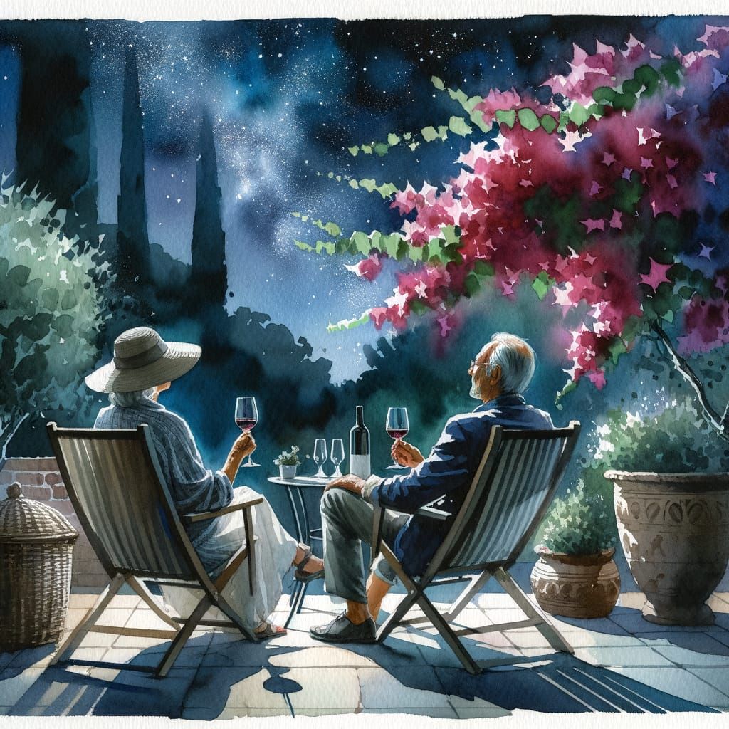 2 garden chairs in a garden with a beautiful Trillingranke - Bougainvillea bush next to it. On the chair there is a Span...