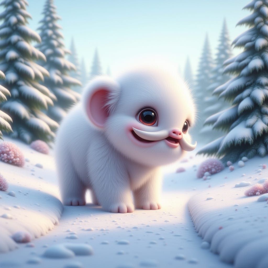 Adorable Albino Baby Mammoth in Winter Wonderland