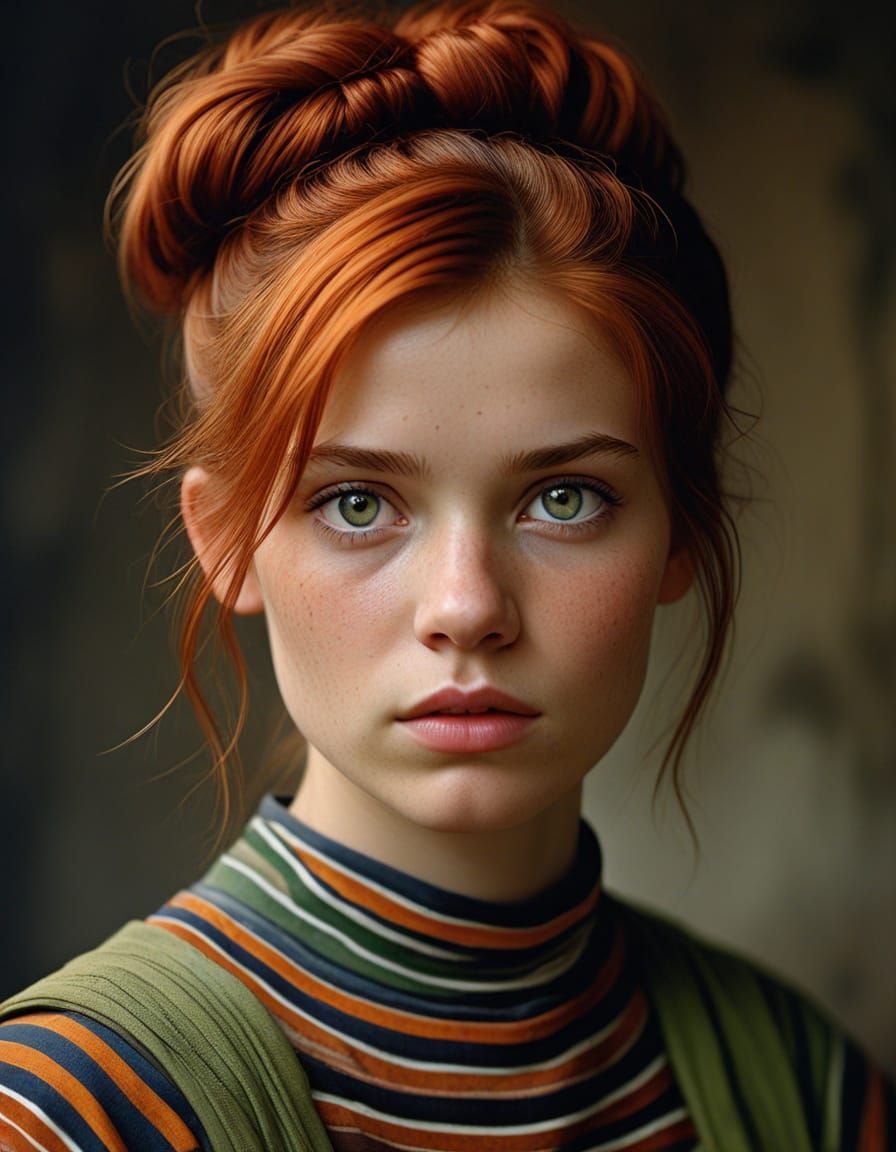 Edgy Woman in Striped Dress: Oil on Canvas Texture