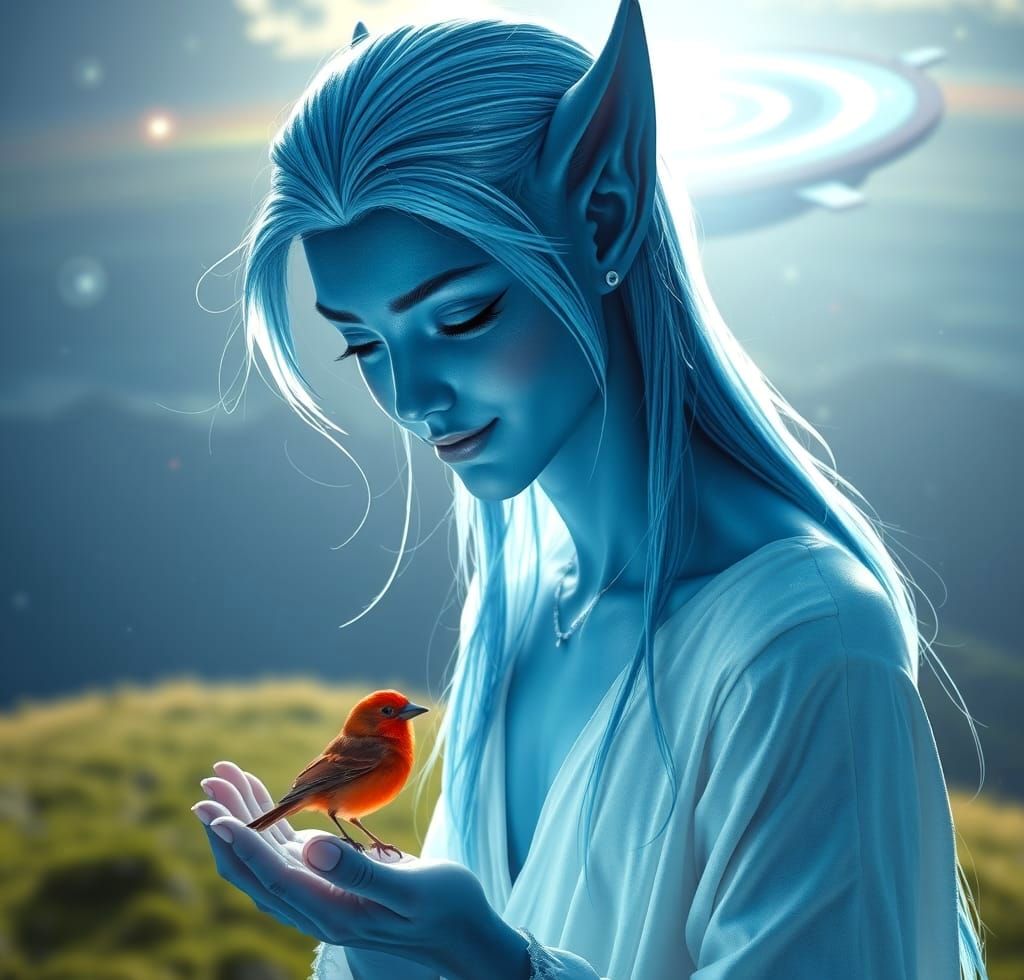 Ethereal Blue Alien Smiles at Red Bird in Springtime