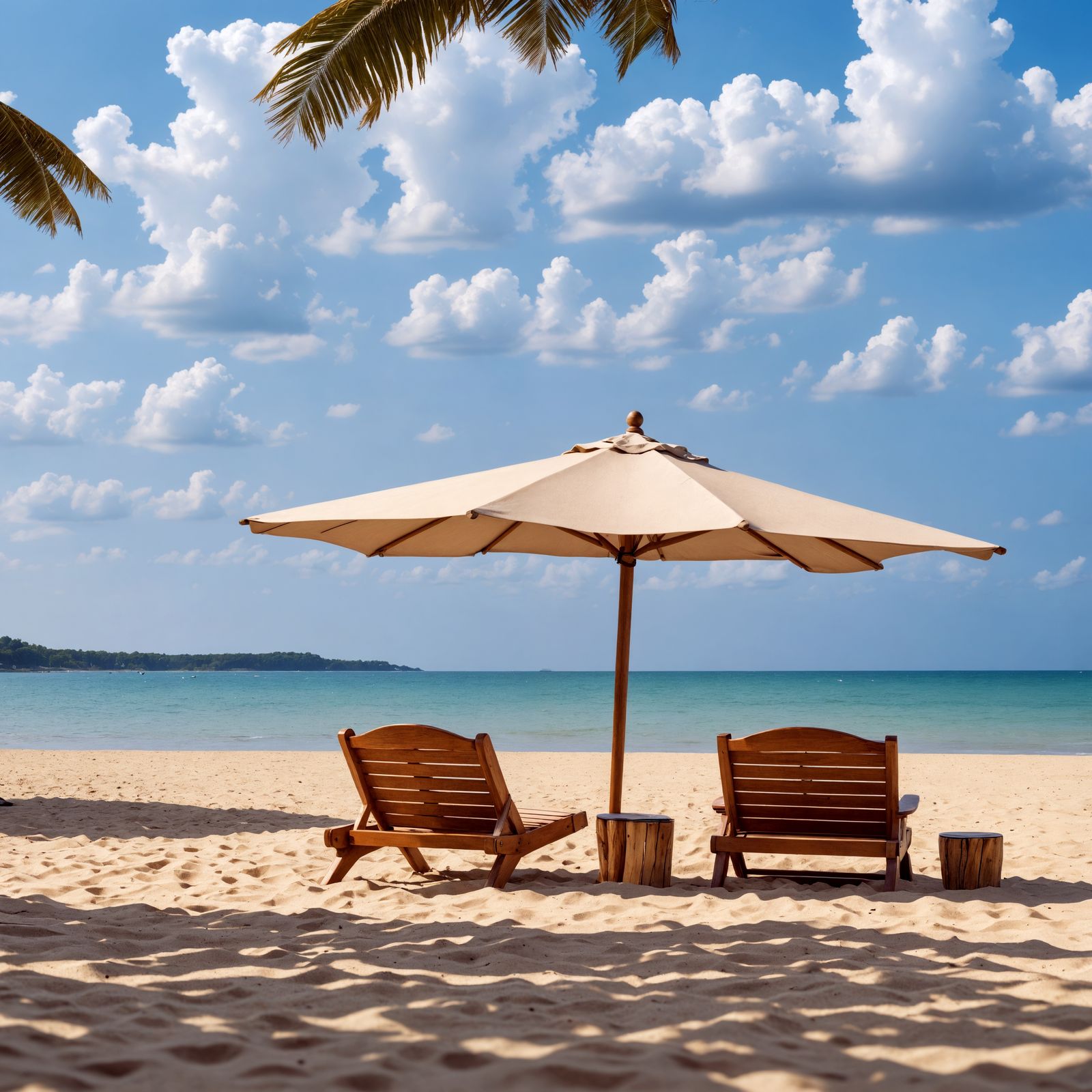 Hyperrealistic Beach Scene with Intricate Wooden Chairs