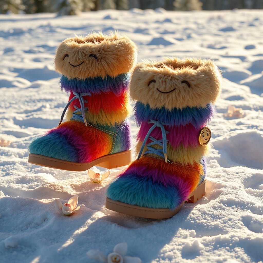 Colorful Fur Winter Boots in Snowy Scandinavian Landscape