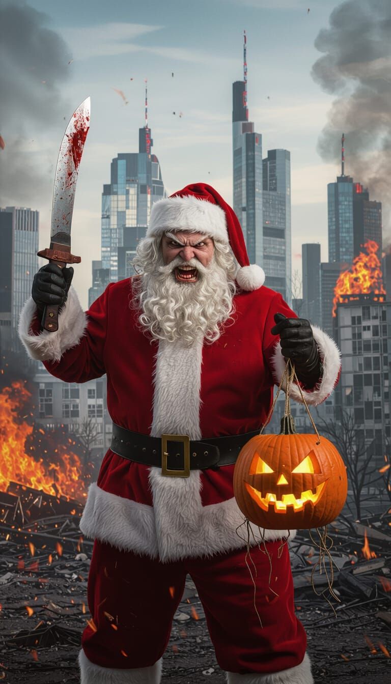 Menacing Santa Claus with Machete and Pumpkin