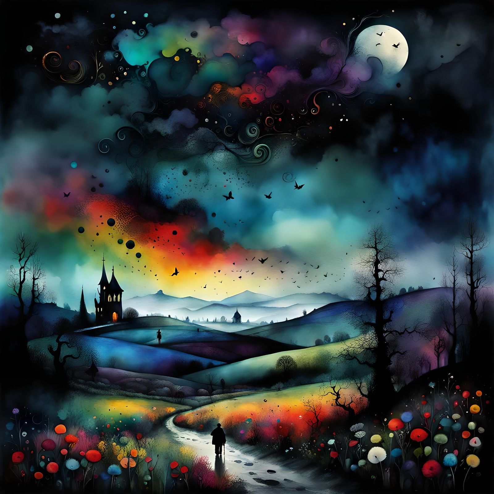 Brooding Landscape with Ink Calligraphy in Watercolor Style