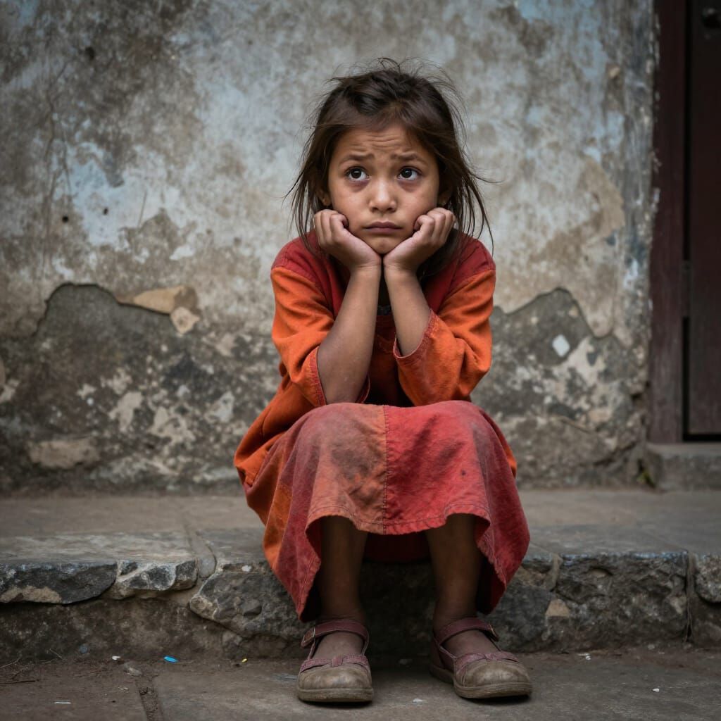 Little Girl on Stone Step in Dramatic Lighting