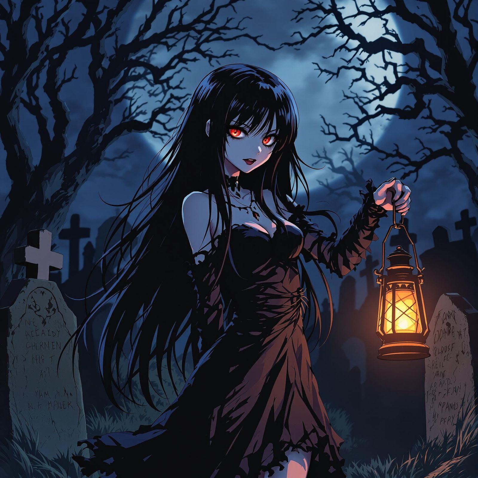 Gothic Anime Girl in Graveyard at Midnight