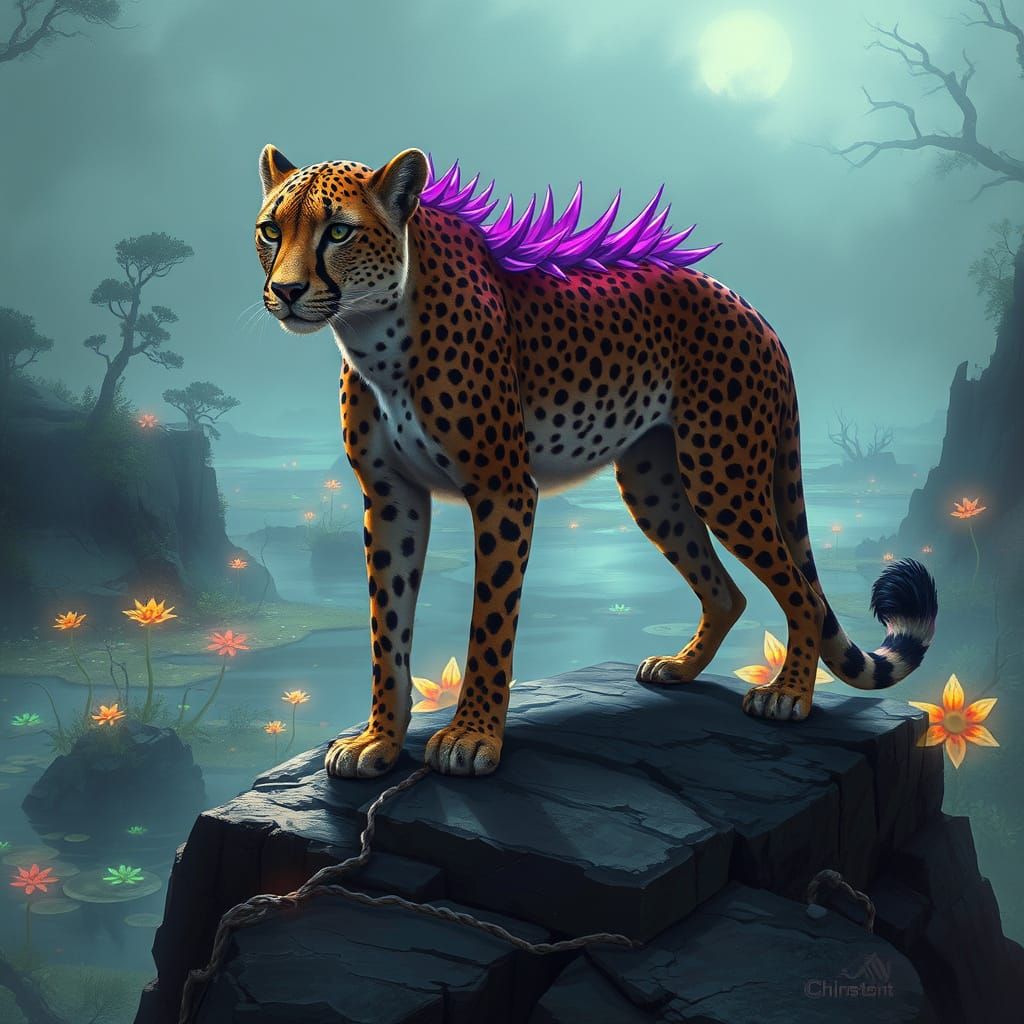 Cheetah with Amethyst Spikes Overlooking Misty Swamp