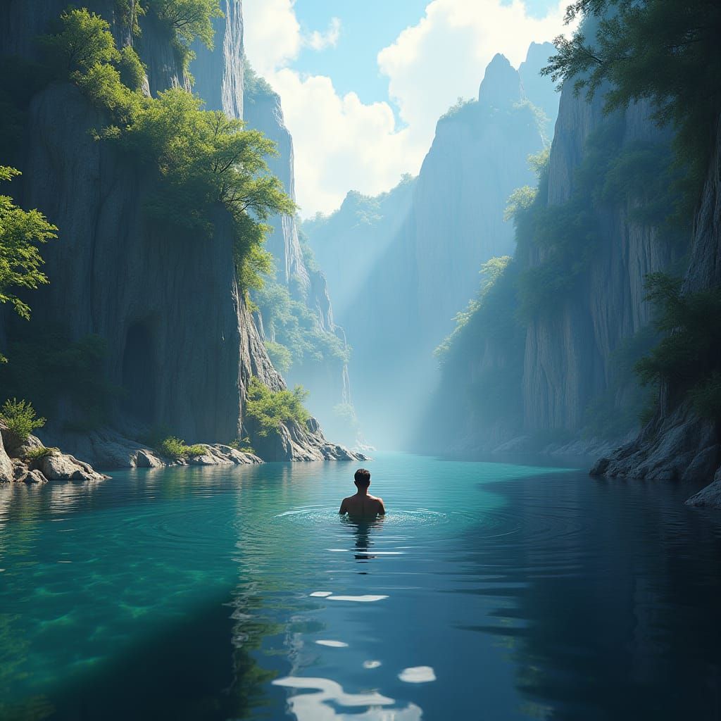 Man Swimming in Mountain Cove: Fantasy Matte Painting