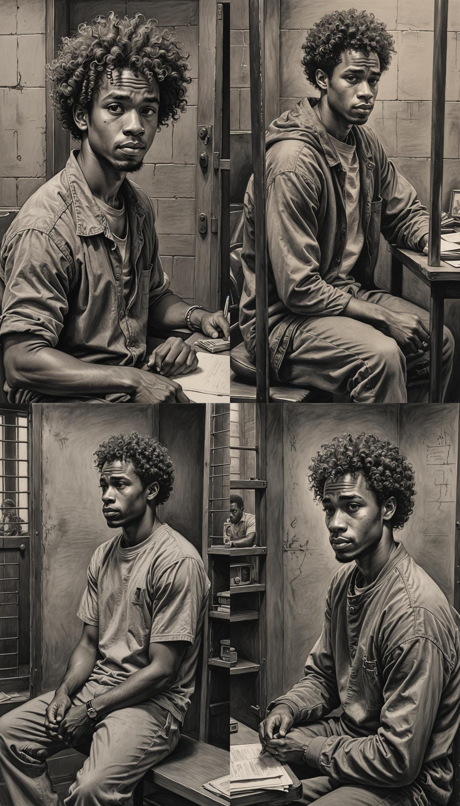 Detailed Charcoal Drawing: Man Watching TV in Cell