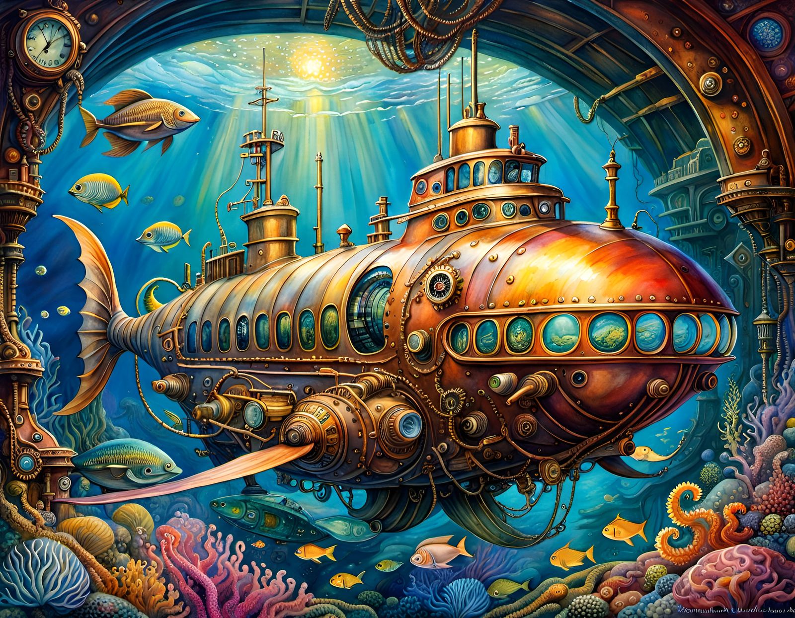 Steampunk Submarine's Watercolor Voyage in the Deep Sea