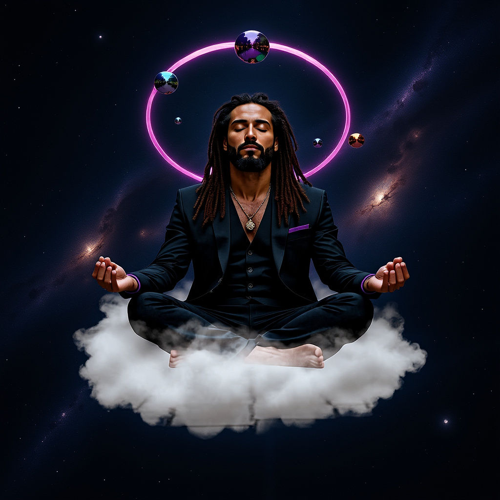 Meditating Man Levitates in Busy Street: Photorealistic Imag...