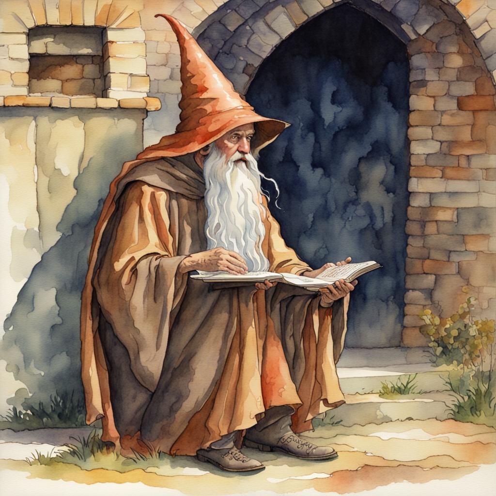 Wise Wizard Contemplates Weird Ways in Watercolor