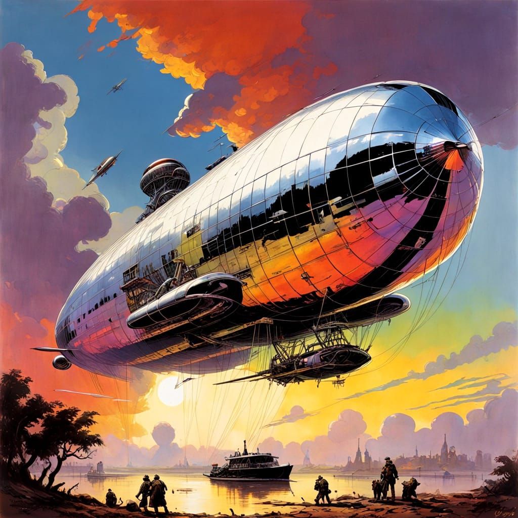 Luxurious Chrome Airship Soars in Vibrant Skies