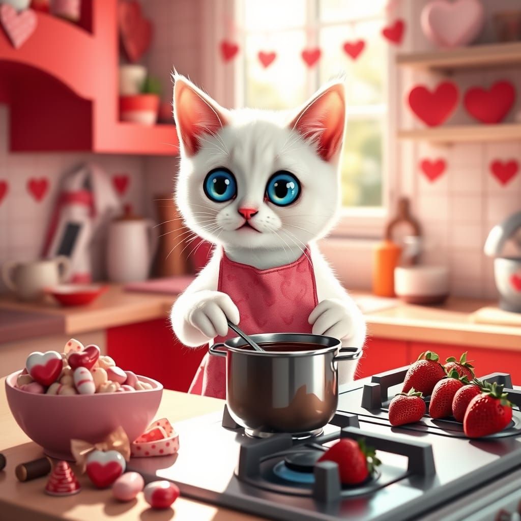 Cozy Valentine's Kitchen Scene with White Cat