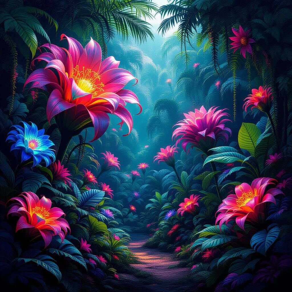Vibrant Neon Jungle with Otherworldly Flora and Fauna
