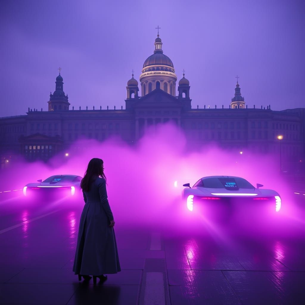 Saint-Petersburg Fortress in Purple Fog with Flying Cars