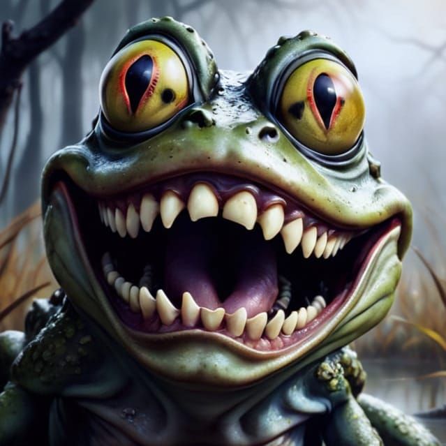 Creepy Laughing Frog with Giant Teeth in Swamp