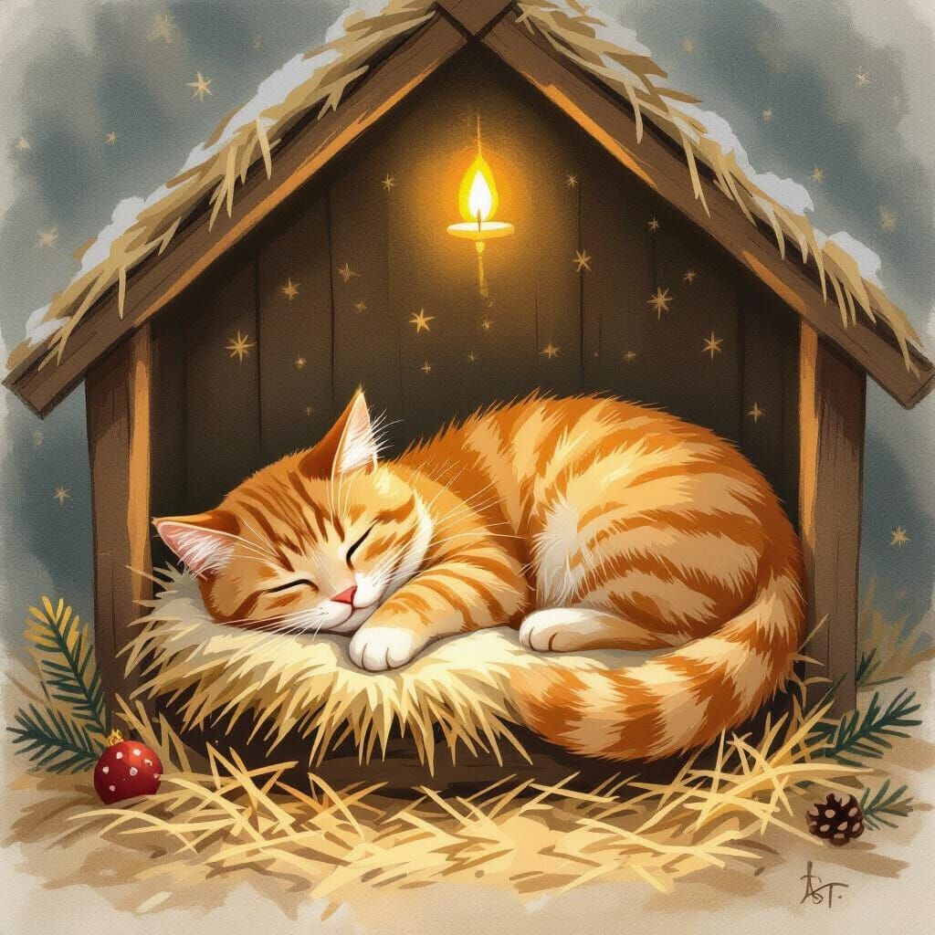 Cozy Ginger Cat Sleeps in Nativity Scene