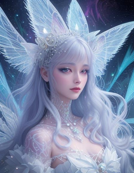 Surreal Fairy in Glowing White Coat with Fractal Wings and P...