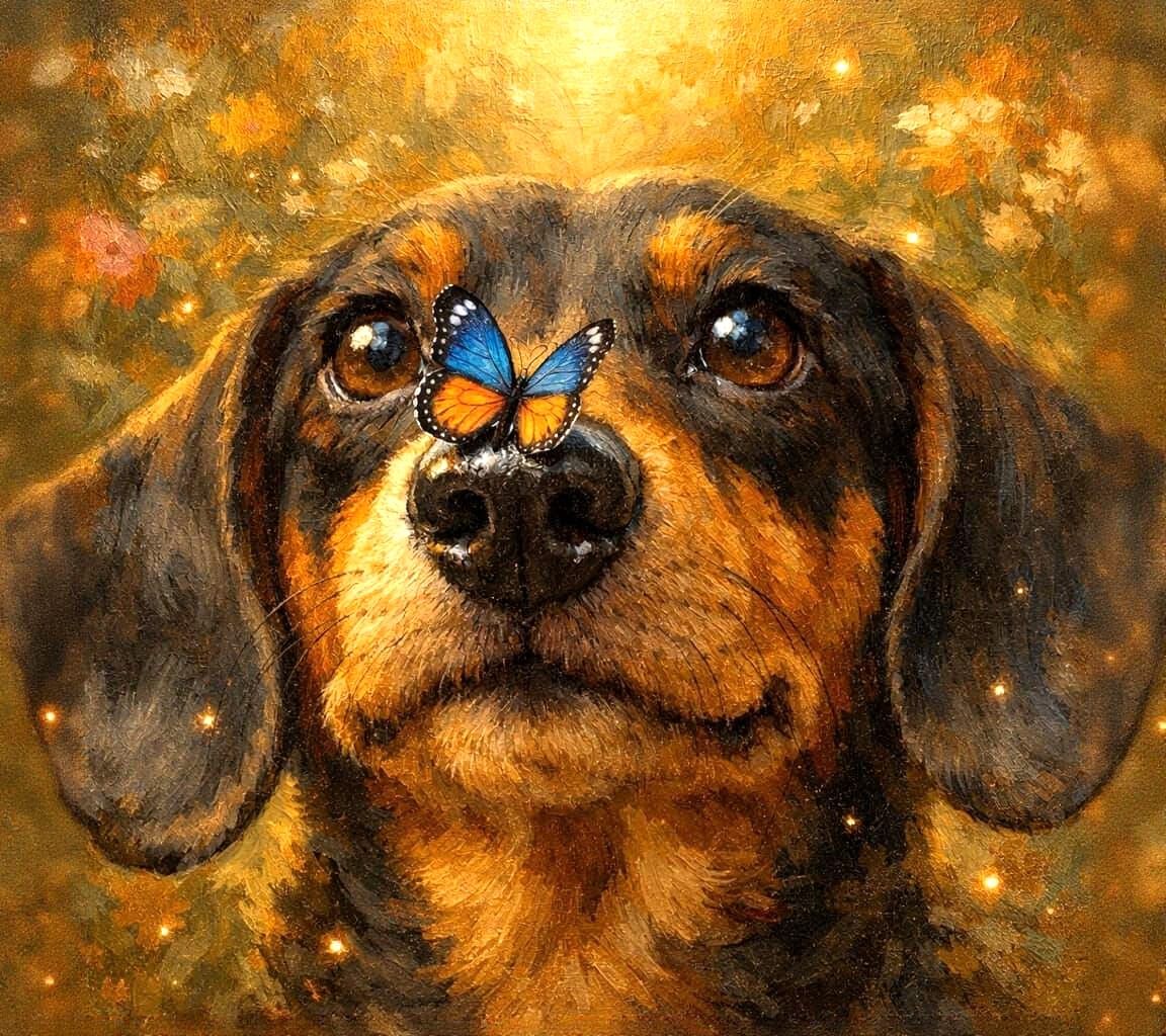 Adorable Dachshund with Butterfly in Golden Light Oil Painti...