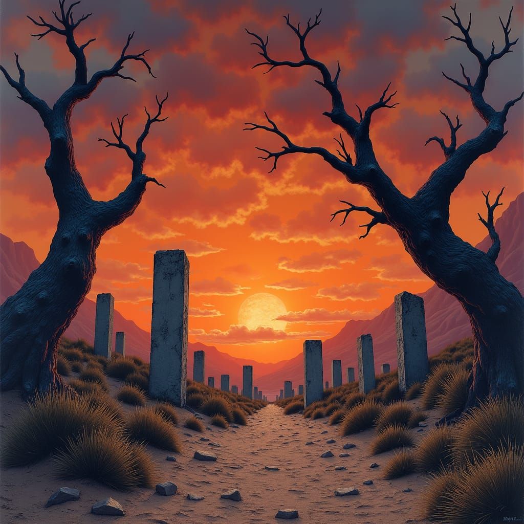 Desert Graveyard at Dusk: Dramatic Lighting and Textures
