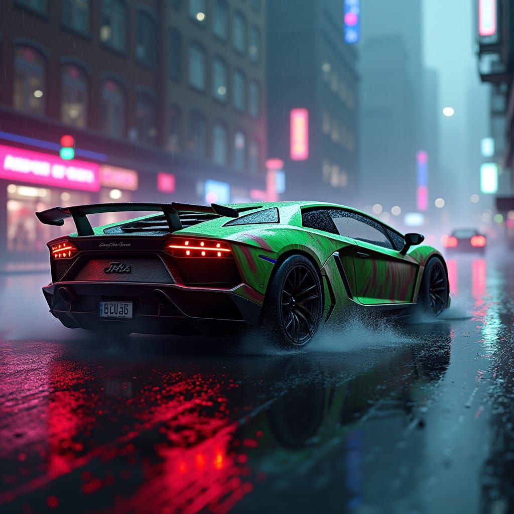 Rainy Cityscape Lamborghini in Vibrant Tie-Dye
