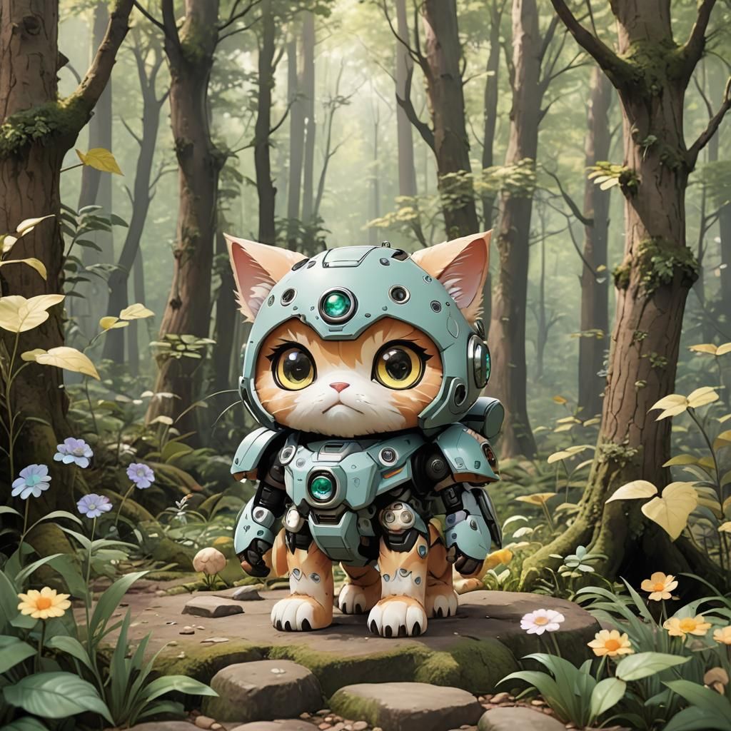 Ghibli-Inspired Chibi Mecha Cat in Enchanted Forest