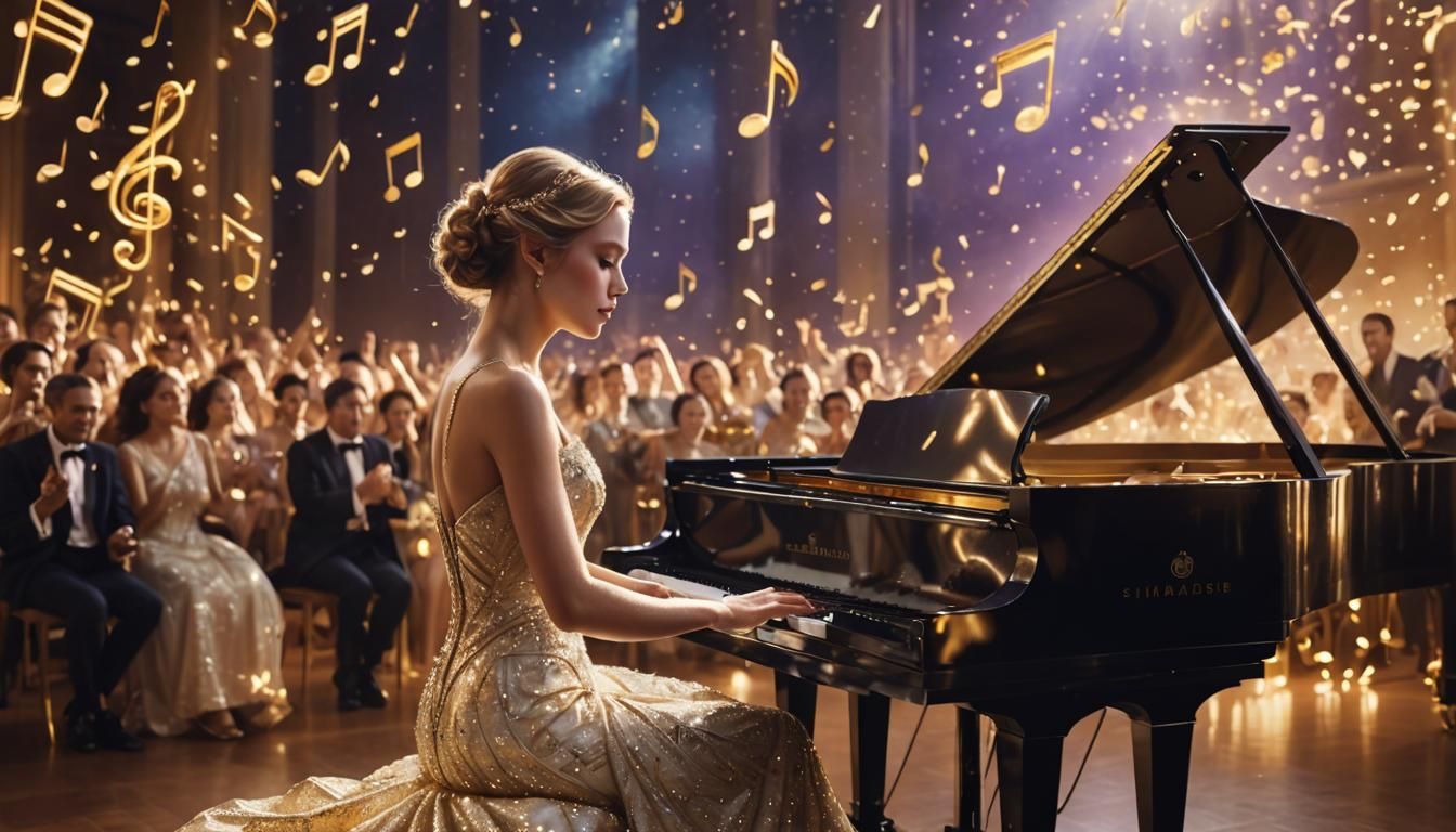 Female Pianist with Golden Notes in Matte Painting