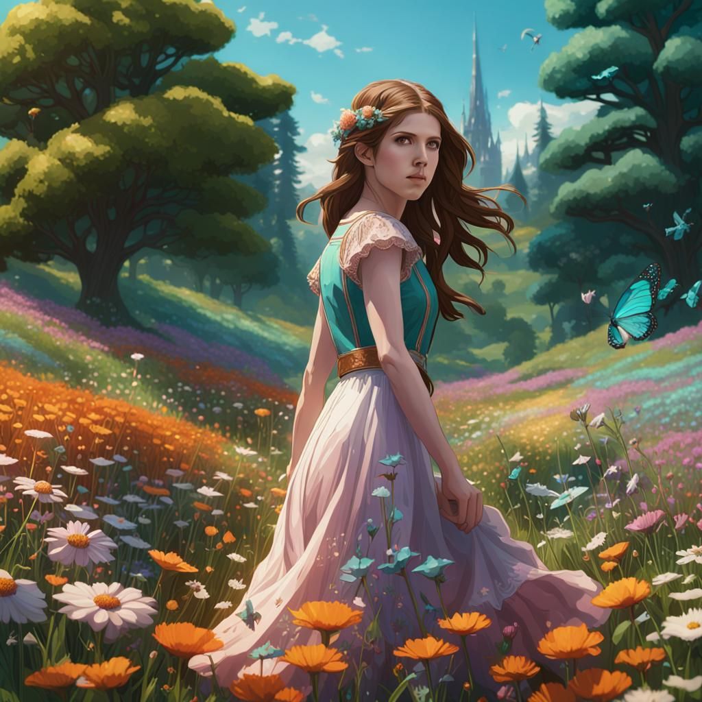 Anna Kendrick in Flower Meadow, Hyperdetailed Art