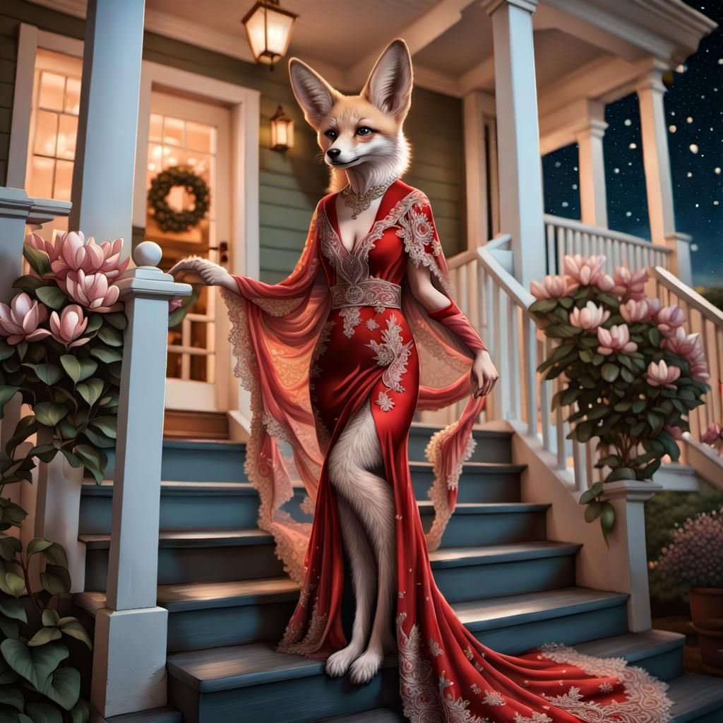 Beautiful Woman Fennec Fox in Starry Fantasy Scene