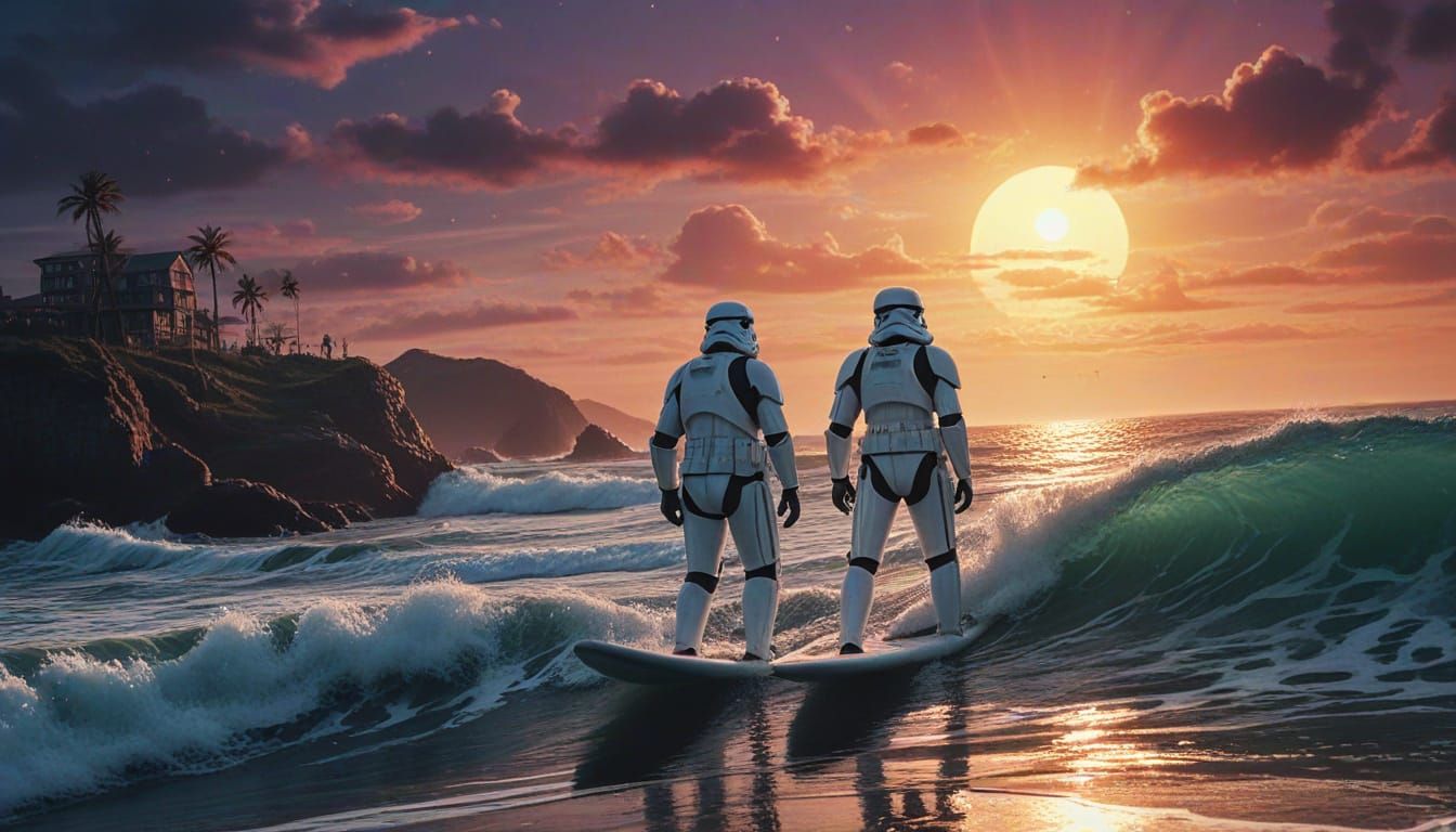 Stormtroopers Surfing at Night in Cyberpunk Style
