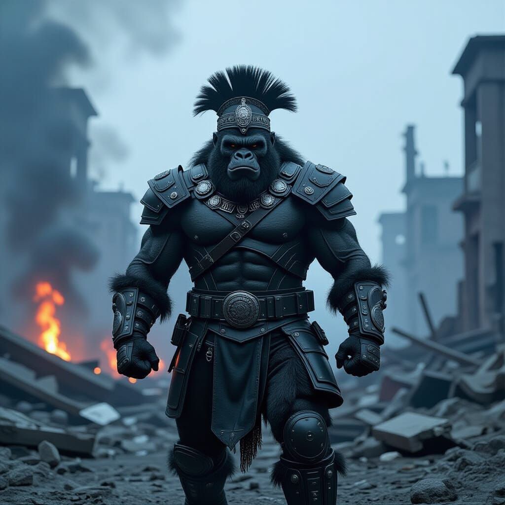 Futuristic Gorilla General in War-Torn Landscape