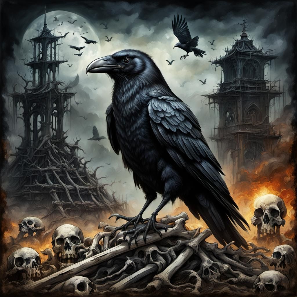 Crow Perched on Bones: Dark Fantasy Mixed Media
