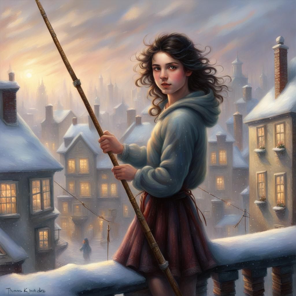 Acrobatic Girl with Staff in Snowy City, Ethereal Fantasy