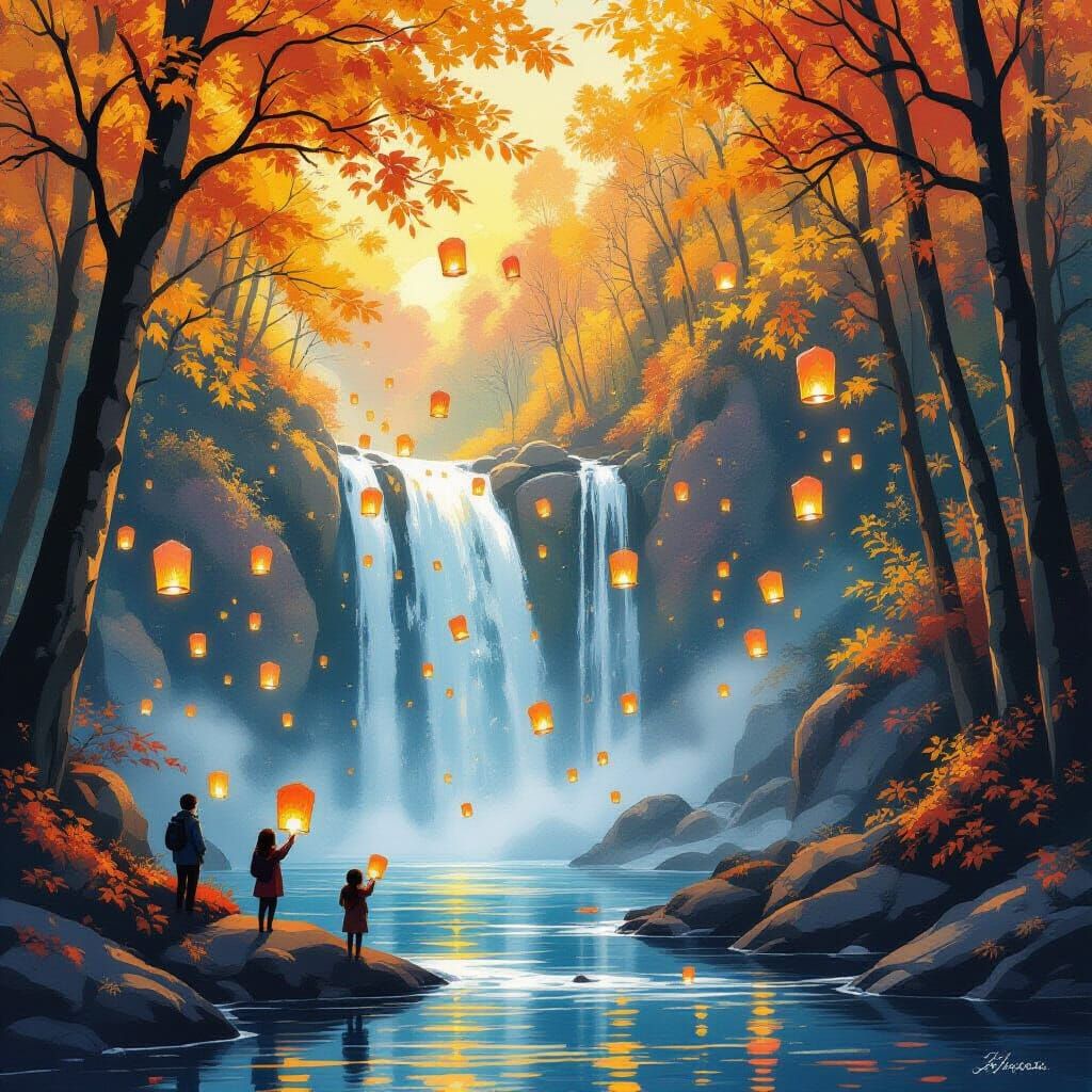 Villagers Release Glowing Lanterns by Waterfall
