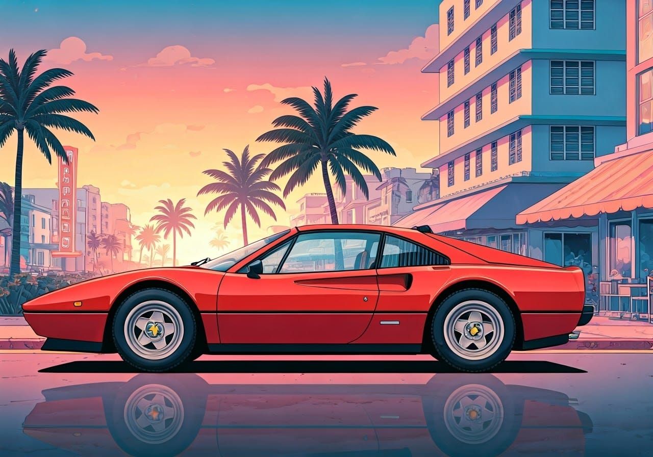 Ferrari 328 GTS on Miami Beach in Comic Style
