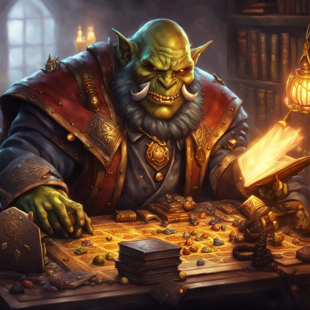 Orc Enjoys Strategic Board Games in a Cozy Study