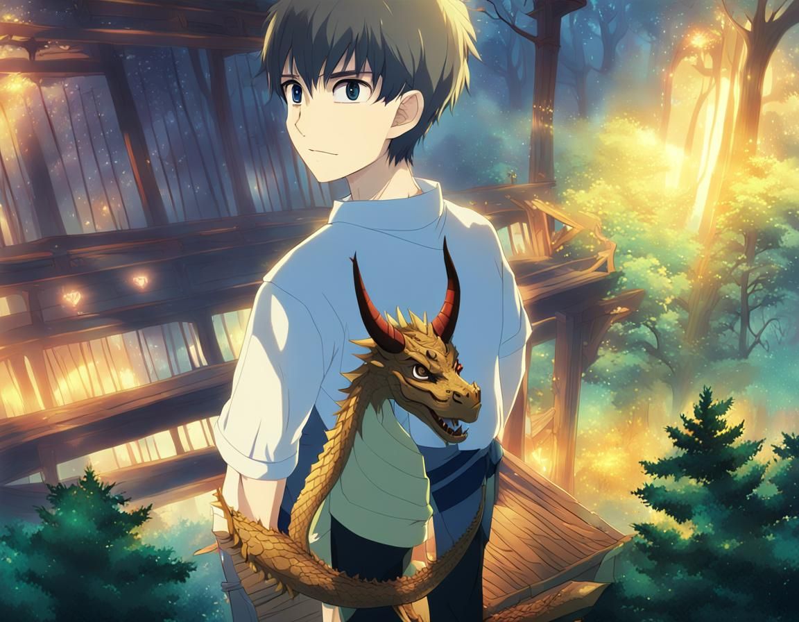 Anime Boy and Dragon in Misty Forest